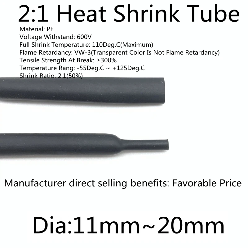 

1Meter Dia 11 ~ 20mm Heat Shrink Tube Insulated Polyolefin 2:1 Shrinkage Ratio Wire Wrap Connector Line Repair 600V Cable Sleeve