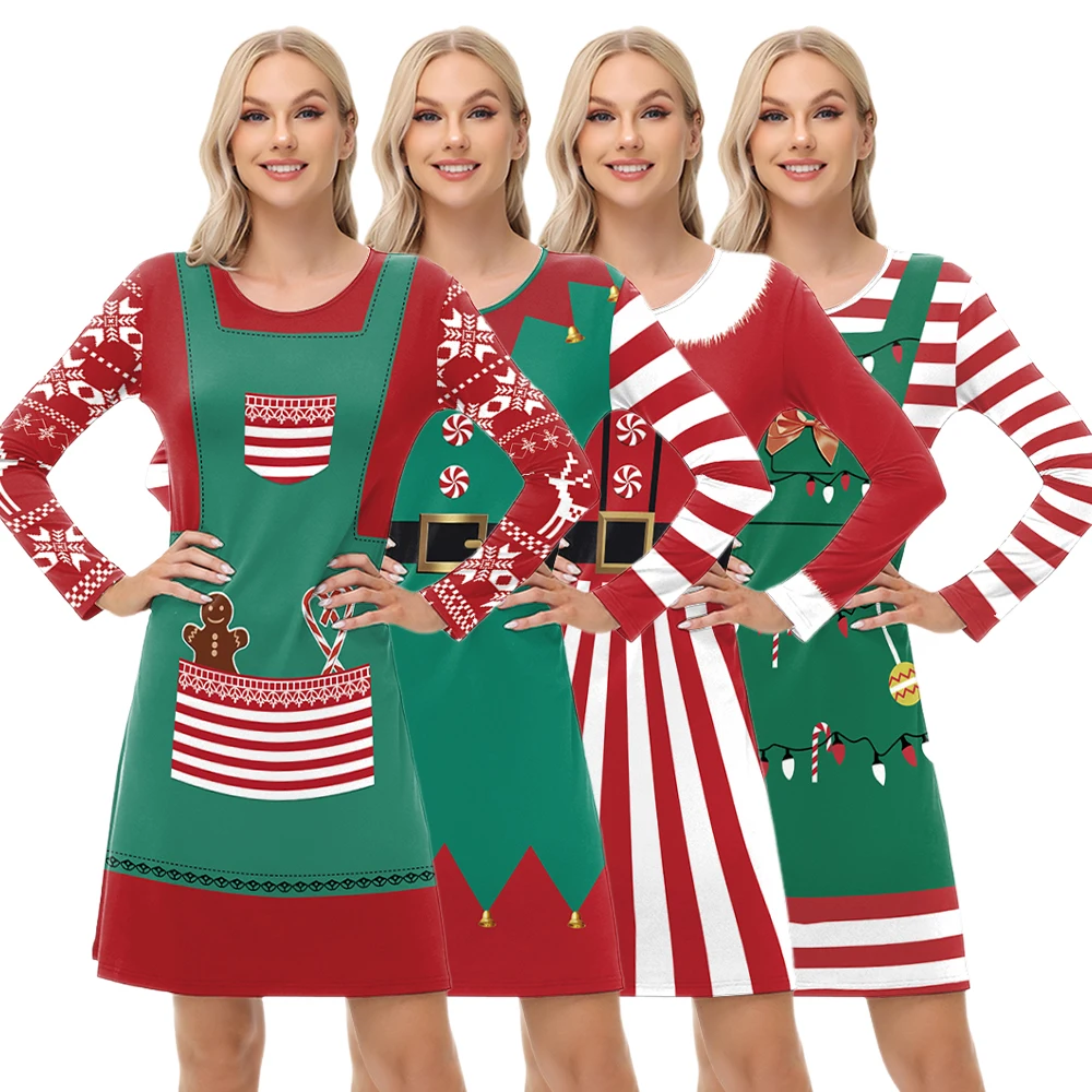 Рождественское женское платье зеленые красные в полоску эльфа платья с длинными