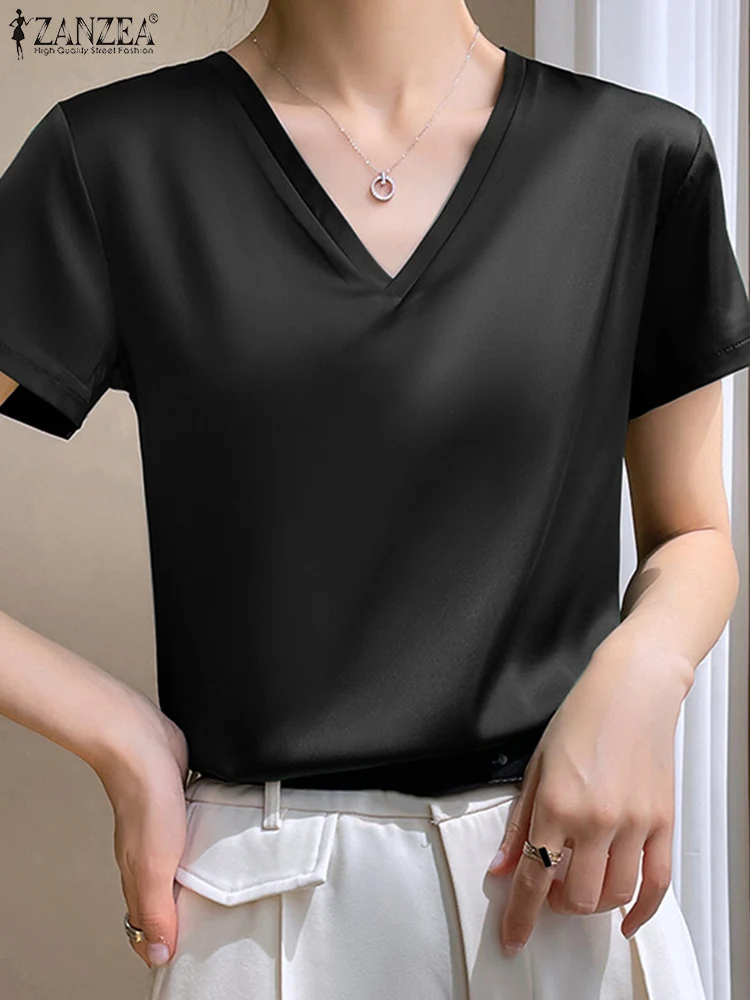 

Elegant OL Work Shirt 2023 ZANZEA Fashion Satin Slik Blouse Women Summer V Neck Short Sleeve Tops Femininas Party Blusas Chemise