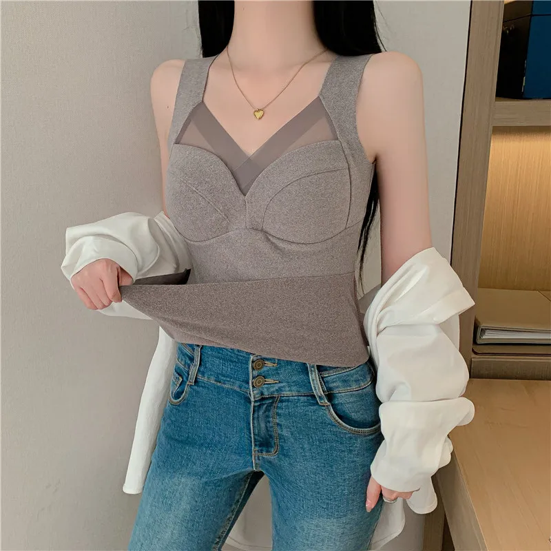 

Korean Fashion Thickened V Neck Tank Tops Women Sleeveless Built In Bra Winter Omighty Camisole Female Elastic Top Dropshipping