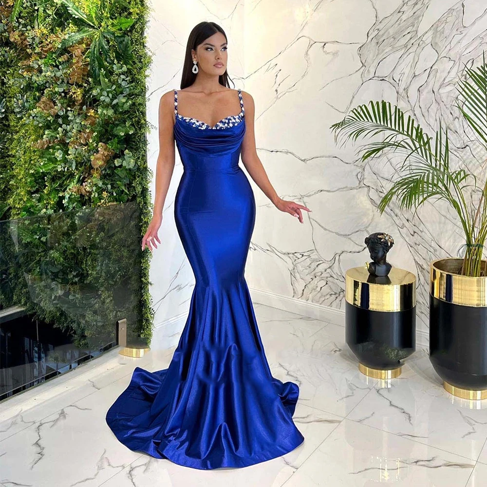 

Sexy Mermaid Prom Dress 2022 Spaghetti Straps Sweetheart Crystal Modern Party Gown Satin Floor-Length Evening Dress Custom Made