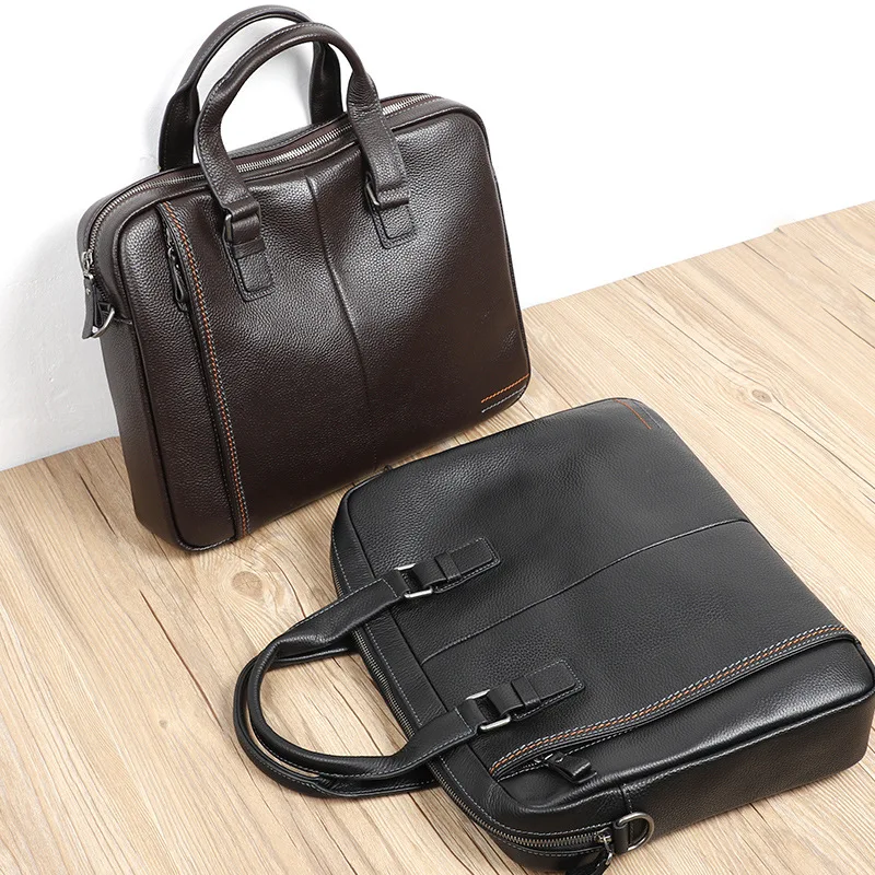 Business Men 100% Genuine Leather Briefcase Large Capacity Handbag Cowhide Laptop Shoulder Bag Tote File Bag For MaleF