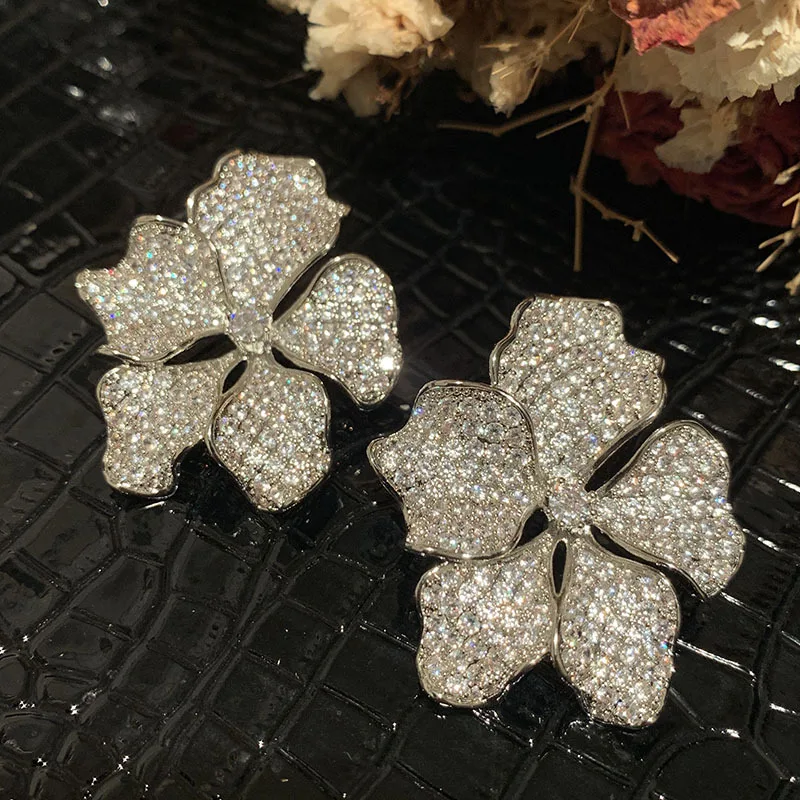 

shiny zircon large size flower earrings luxurious elegant exaggerated silver color petal wedding bride jewelry