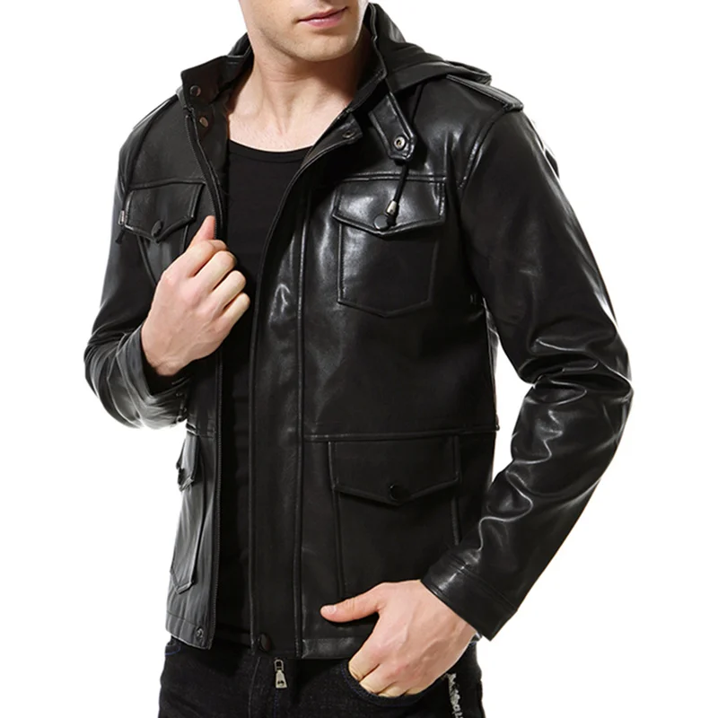 

Autumn and Winter 2023 Men's Motorcycle Fashion Handsome Hooded Leather Jacket Removable Hat Casual Windproof Top Men Clothing