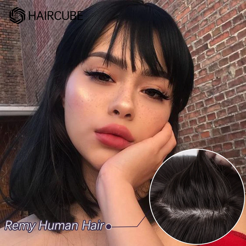 HAIRCUBE Straight Bob Human Hair Wig with Bang Shoulder Length Remy Hair Wigs for Women Full Machine Made Heat Resistant Wigs