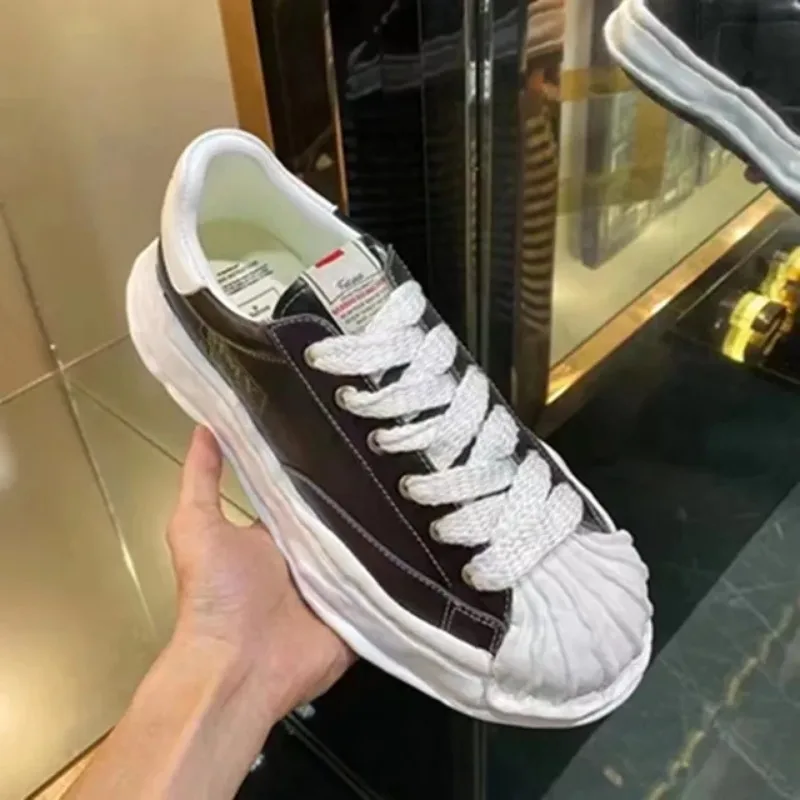 

Korean Style Unisex Genuine Leather Dissolved MMY Thick Sole Cowhide Men Sneakers Couple Shoes Platform Canvas Women Shoes