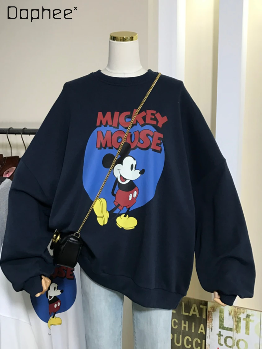 

Cartoon Print Loose Terry Sweatshirt Women Casual Round Neck Long Sleeve Spring Autumn Oversized Pullover Cotton Hoodies