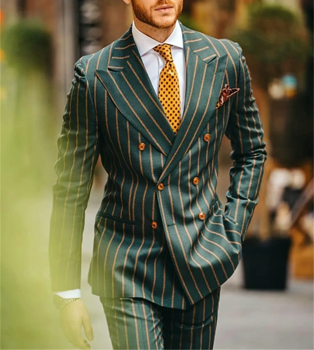 Pinstripe Fashion Green Designer Groom Suit For Best Man Customized Tuxedo Fit Party Wear Formal Suits