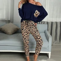 casual leopard print women pants set 2022 spring autumn new style fashion o neck long sleeve tops drawstring sports suit