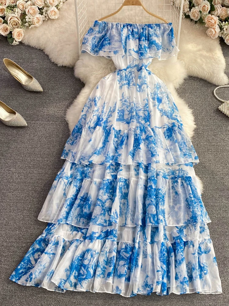 

FMFSSOM Summer New Women Fashion Casual Slash Neck Ruffle High Waist Slim Dress Elegant Off Shoulder Printed A-Line Dresses