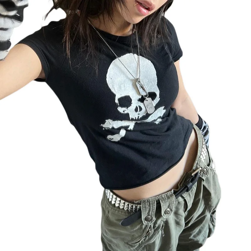

2023 new summer Y2K skull round neck print T-shirt street hipster baring navel short short sleeve loose top women's clothing