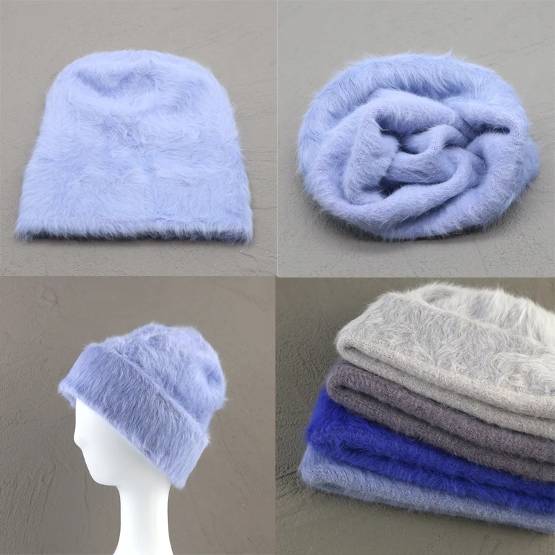 2023 New Fashion Rabbit Fur Y2k Beanies for Women Soft Warm Fluffy Angola Winter Hat Female Windproof Bonnet Hat Skullies Cap images - 6