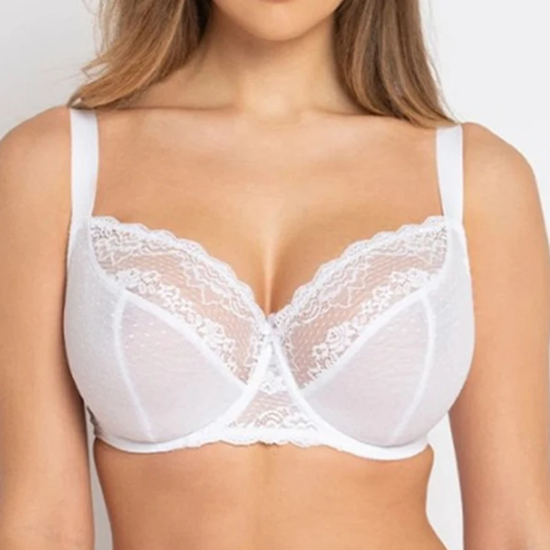 Womens Lace Sheer Minimizer Bra Full Coverage Non Padded Underwire Floral Embroidery Lingerie for Female 36 38 40 FF GG HH JJ K