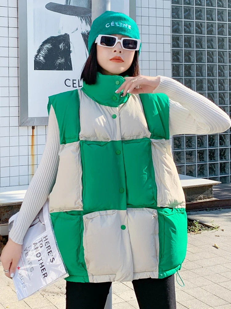 

KBAT 2022 Autumn Winter Women Vest Patchwork Stand Collar Down Vest Plaid Cotton Padded Women Coat Sleeveless Warm Waistcoat