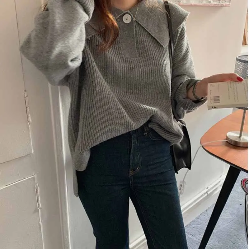 

Женский винтажный пуловер с воротником-стойкой, повседневный трикотажный свитер свободного покроя, Приталенный джемпер в Корейском стиле, ...