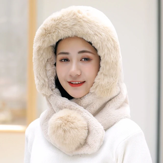 

Plush Hat Female Autumn Winter New Ear Protection Warm Hat Scarf One Girl Lovely Hat Women Lmitation Fur Coral Velvet Beige