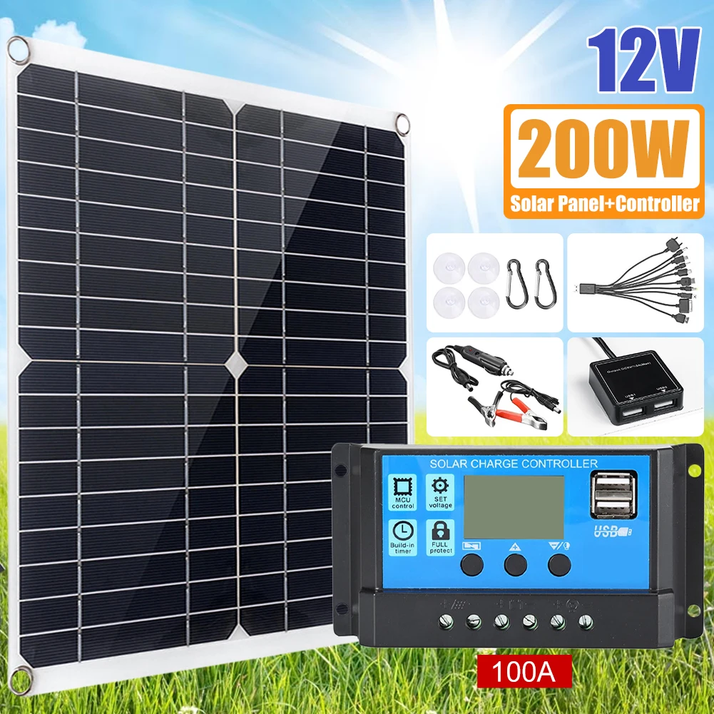 

200W Solar Panel Kit 12V with 100A Solar Charge Controller Dual 5V USB Outputs Solar Panel Controller Combo for Caravan Boat