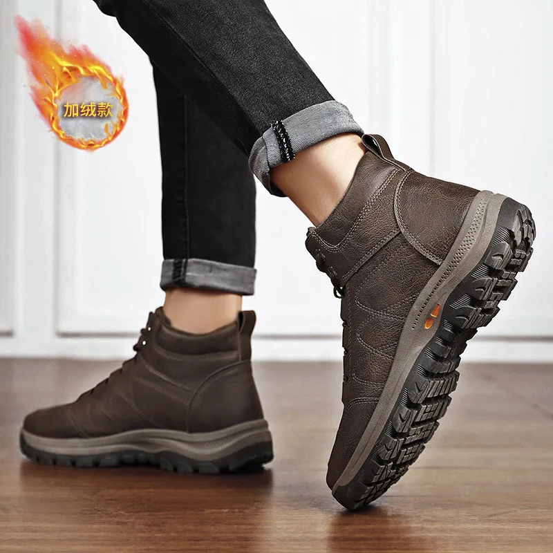 

Snow Boots Men Thick Sole 2022 New Shoes Fashion Leather High-Top Plus Velvet Outdoor Casual Sports