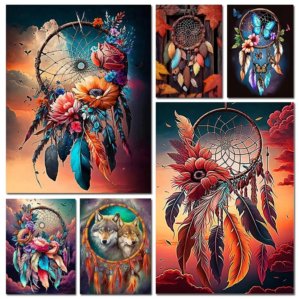 Алмазная живопись Ловца снов, пейзаж Фэнтези, 5D вышивка стразами, перо, цветы, мозаика, вышивка крестиком, новинка 2023