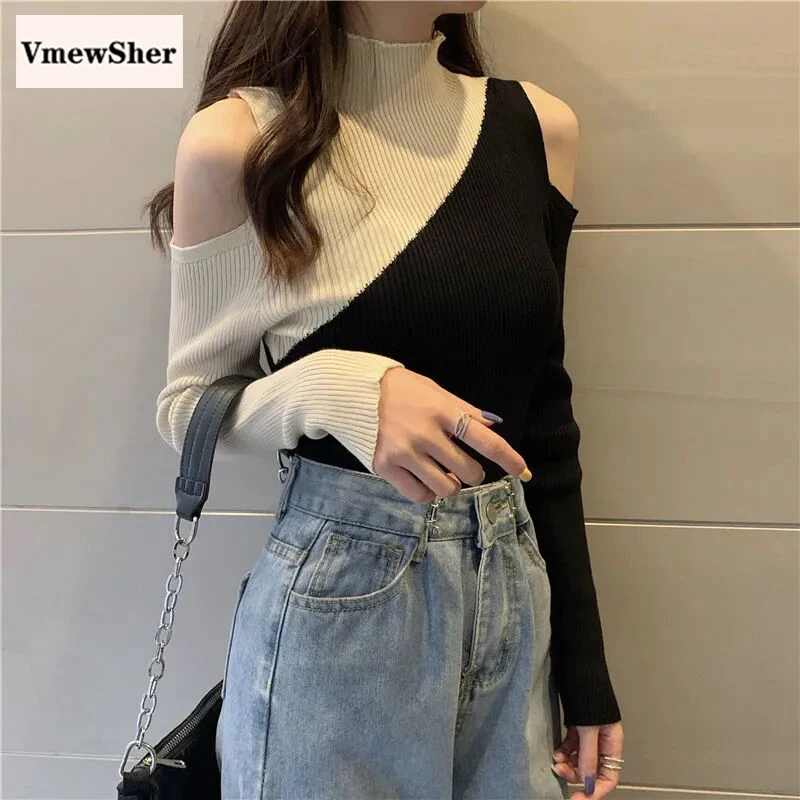 

VmewSher New Splice Spring Women Bodycon Sweater Half High Collar Chic Contrast Color Long Sleeve Knitwear Slim Pullovers Tops