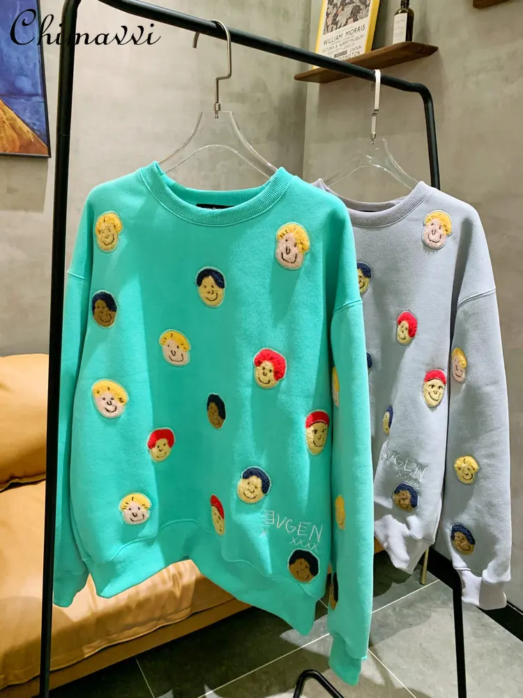 

Ladies Autumn Winter New Fashion Smile Face Loose Pullover Hooded Sweatershirt Women Simple Casual Solid Embroidery Hoodie Top