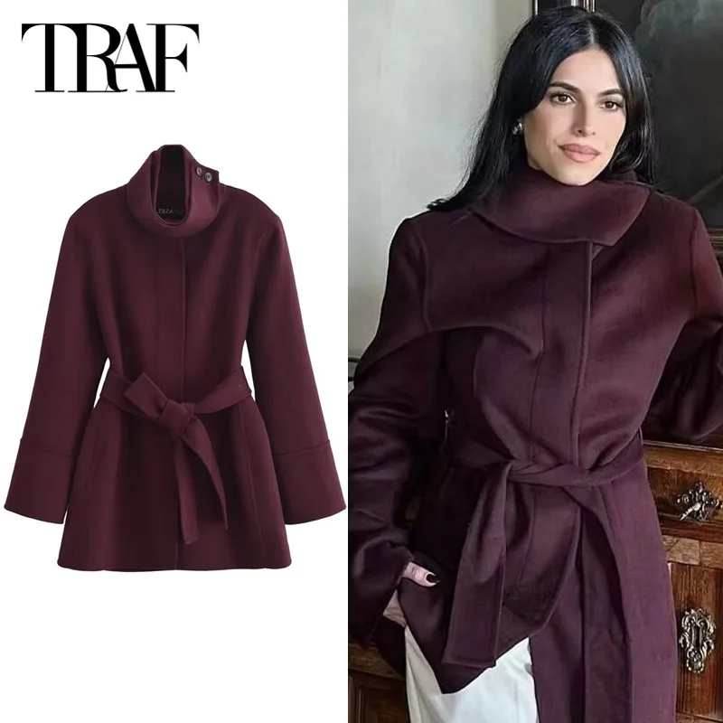 TRAF женская теплая зимняя куртка пальто 2024 осеннее из шерсти и смесовой ткани