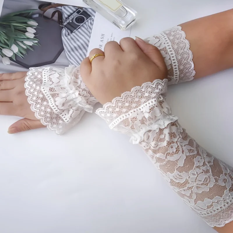 

Female Sweater Fake Sleeves Hollow Out Crochet Floral Long Fingerless Lace Horn Cuffs Embroidered Ruffles Elastic Wrist Warmers