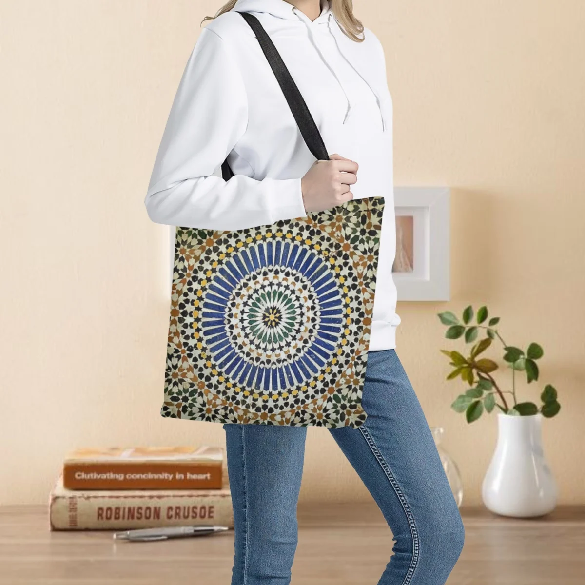 

Traditional Moroccan Shoulder Tote Bag for Women Culture Design Large Capacity Foldable Girls Bookbag Eco-friendly Shopping Bag