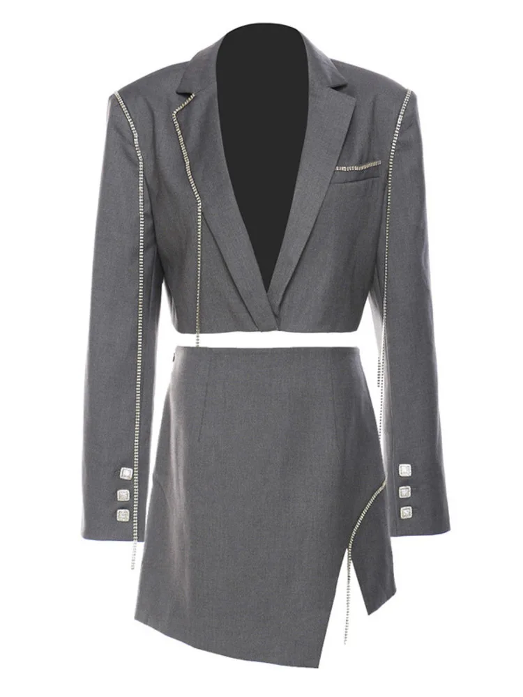 

2022 Autumn Winter New Diamond Personality Lapel Blazer + Skirts Temperament Fashion Trend Two-piece Sets Women
