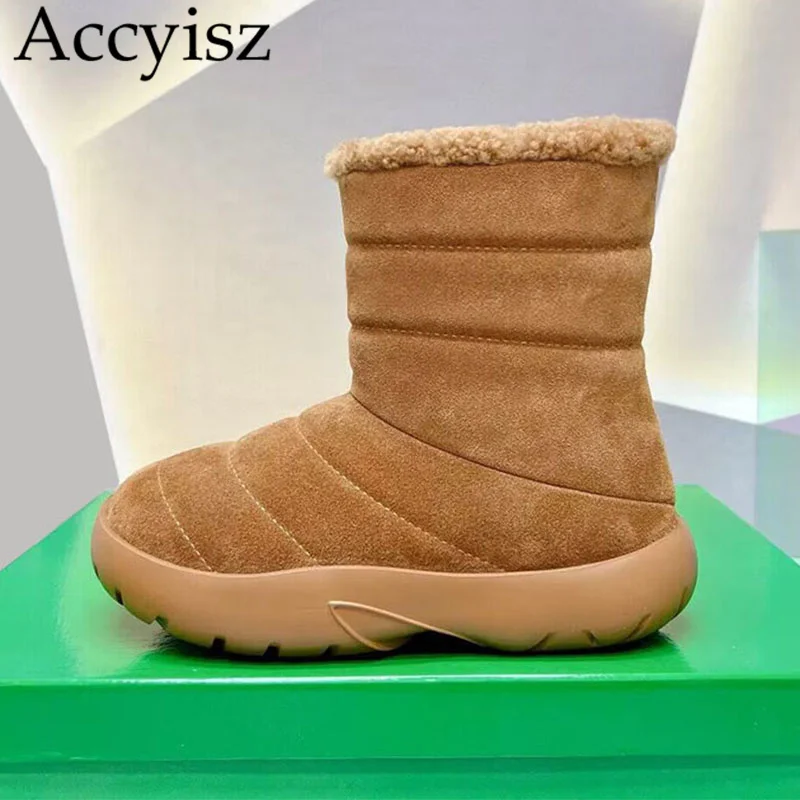 

New Bread Snow Boots Women Wool Fur Linging Cow Suede Winter ladies shoes Flat Thick Heel Round Toe Outdoor Warm Short Botas