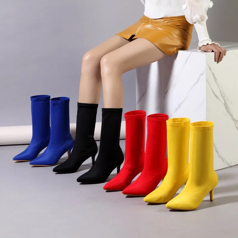 Candy Color Stretch Fabric Slip on Boots Women Pointed Toe Autumn Winter Pumps Botas Female Heels Party Shoes Size 35-42 7cm