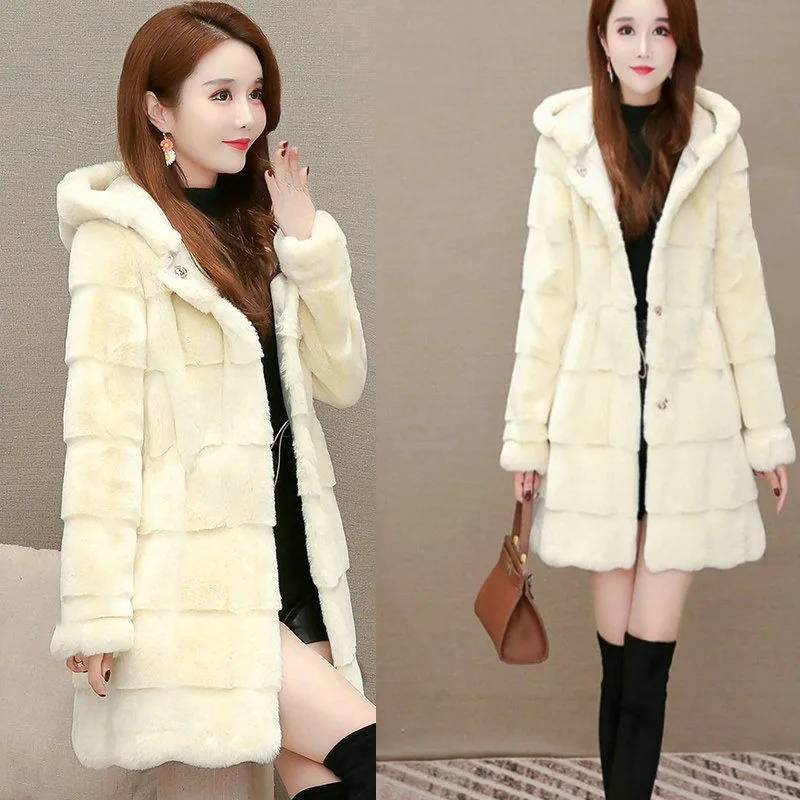 Autumn and Winter New  Mink Medium Long Fur Coat Female Slim Thin Fur Coat Hooded Wholesale