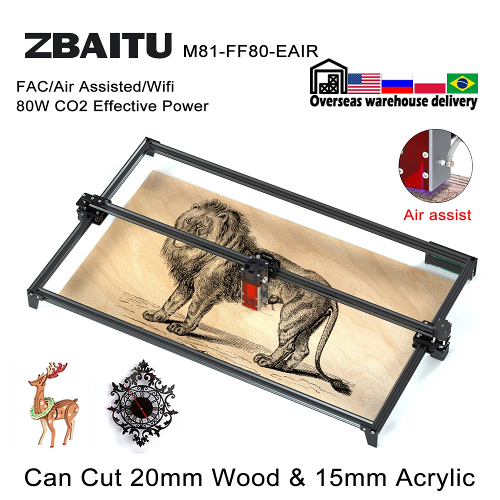 ZBAITU Large Area 81*46cm Laser Engraver Cutter Wood Cutting Machine DIY Logo Remark With 80W Laser Module Head Air Aassisted
