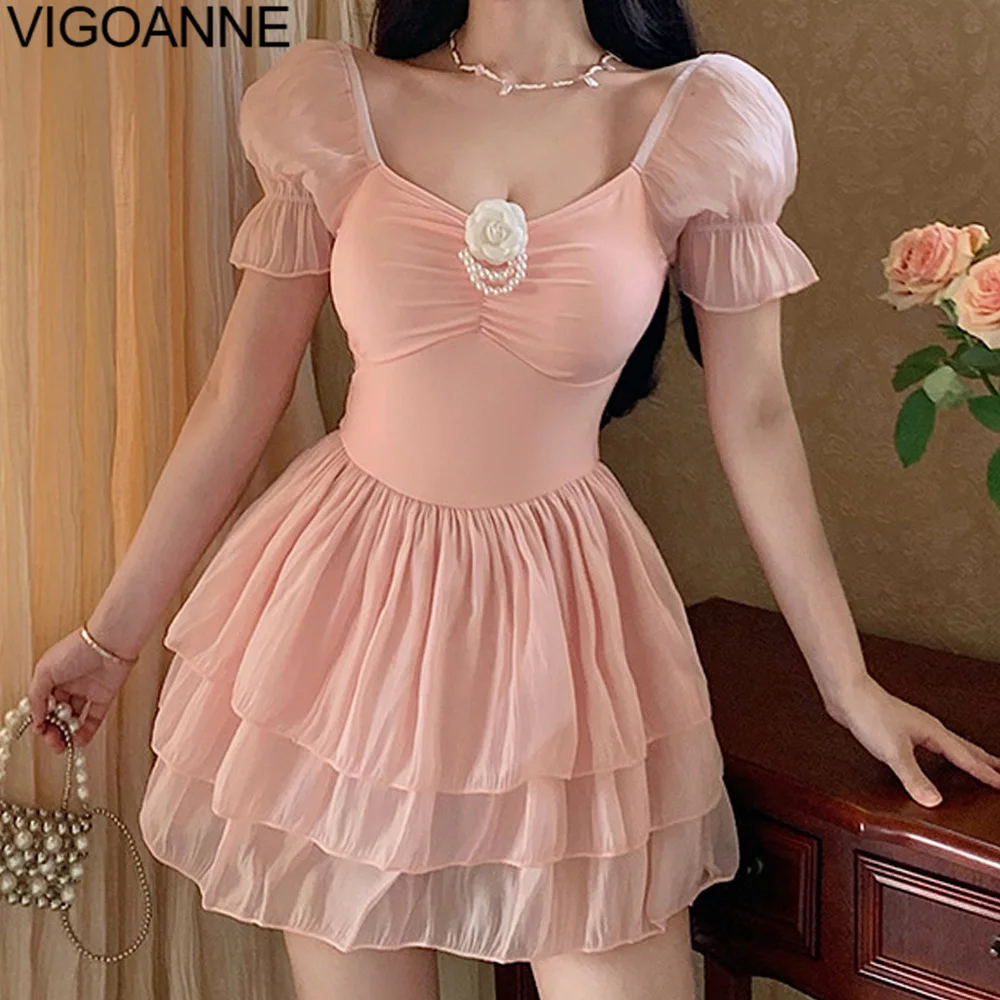 Однотонное платье VigoAnne с коротким рукавом женский купальник 2024 слитный эффектом