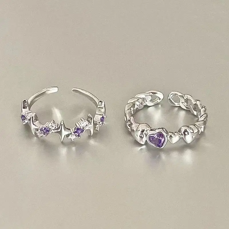 

Fashion Shiny Purple Rhinestone Opening Couple Rings For Women Men Vintage Crystal Star Adjustable Ring Lover Y2K Jewelry