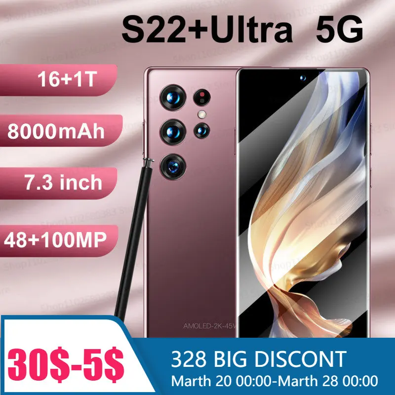 

S22 Ultra Smartphone Original 7.3 inch 16GB+1TB Android Mobile Phones Unlocked 8000mAh 48MP+100MP 5G Network Cellphone Celular