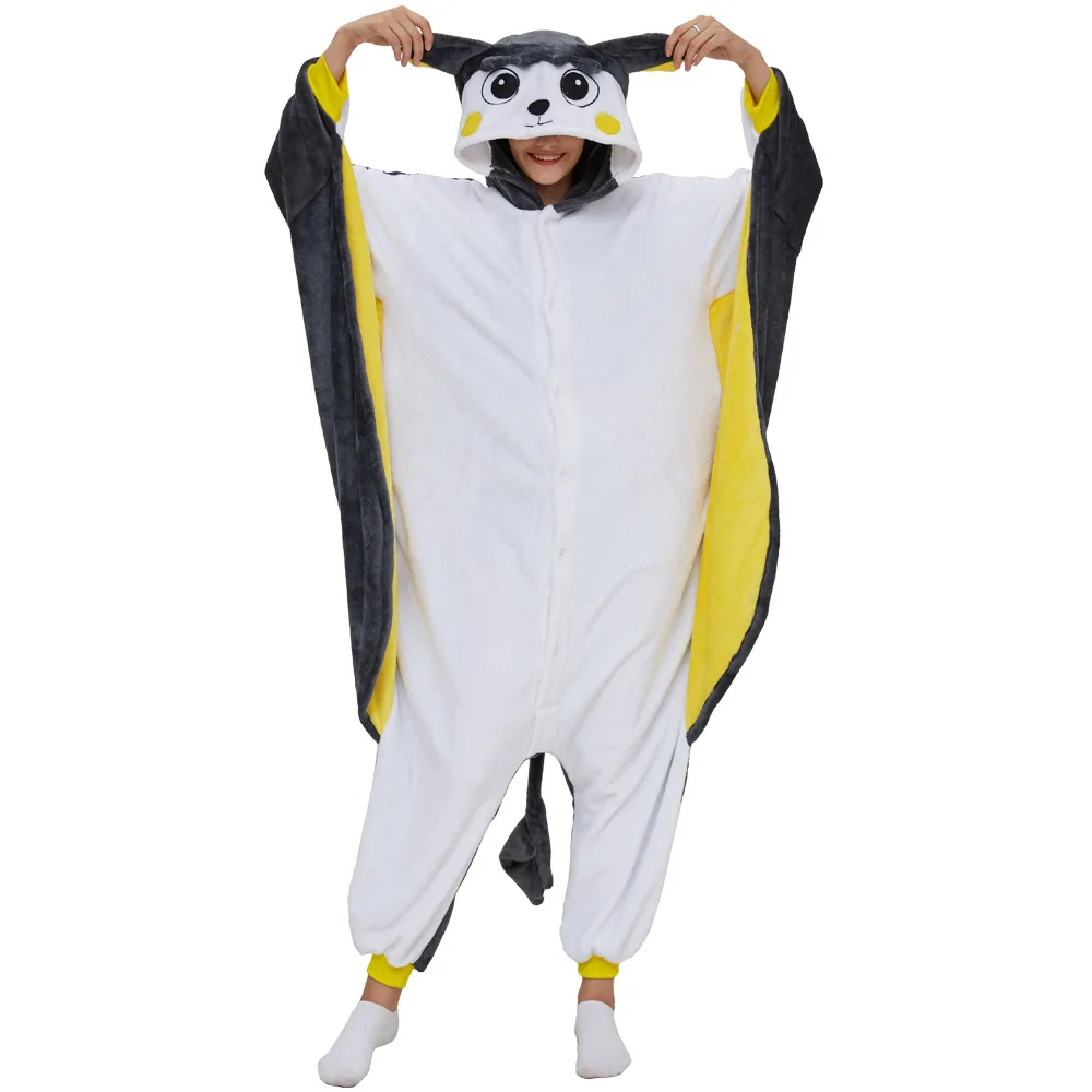 Winter Women Unisex Adult Kigurumi Flying Squirrel Onesies Animal Pajamas Flannel Nightie Sleepwear Halloween One-piece Jumpsuit