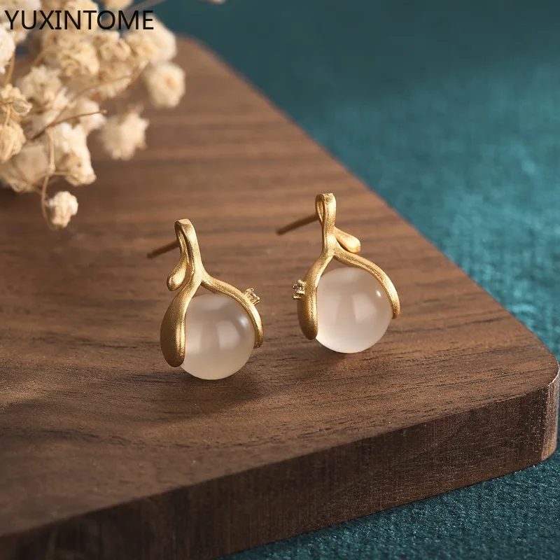 

925 Sterling Silver Ear Needle Natural White Chalcedony Ball Stud Earrings Party Luxury Earrings Fashion Wedding Jewelry Gifts