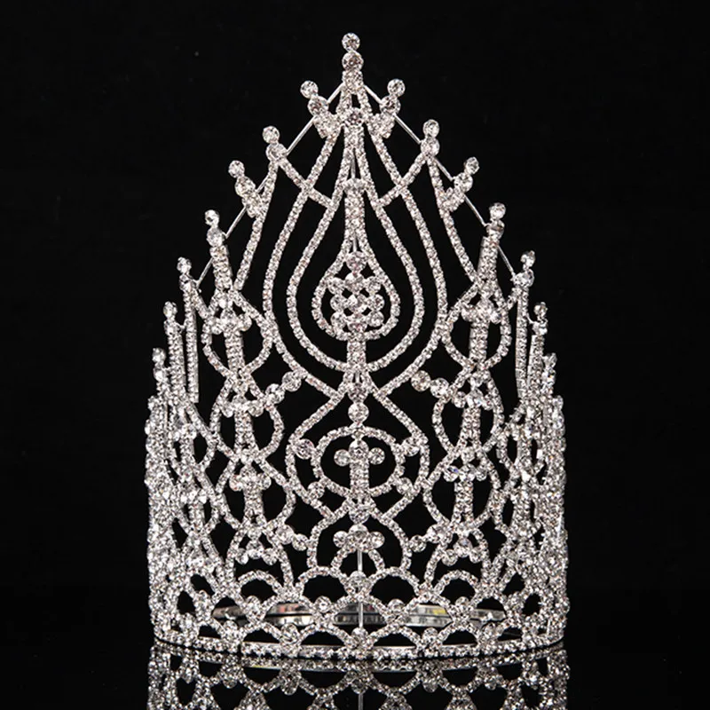 Beauty Pageant Crown Rhinestone Pageant Tall Crowns Crystal Adjust Contour Band Miss Big Tiara