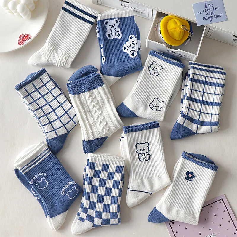 

Socks Women's Japan Harajuku Cartoon Style Creative Striped Checkered Bear Socks Kawaii Print Fashion Skateboard Woman Socks