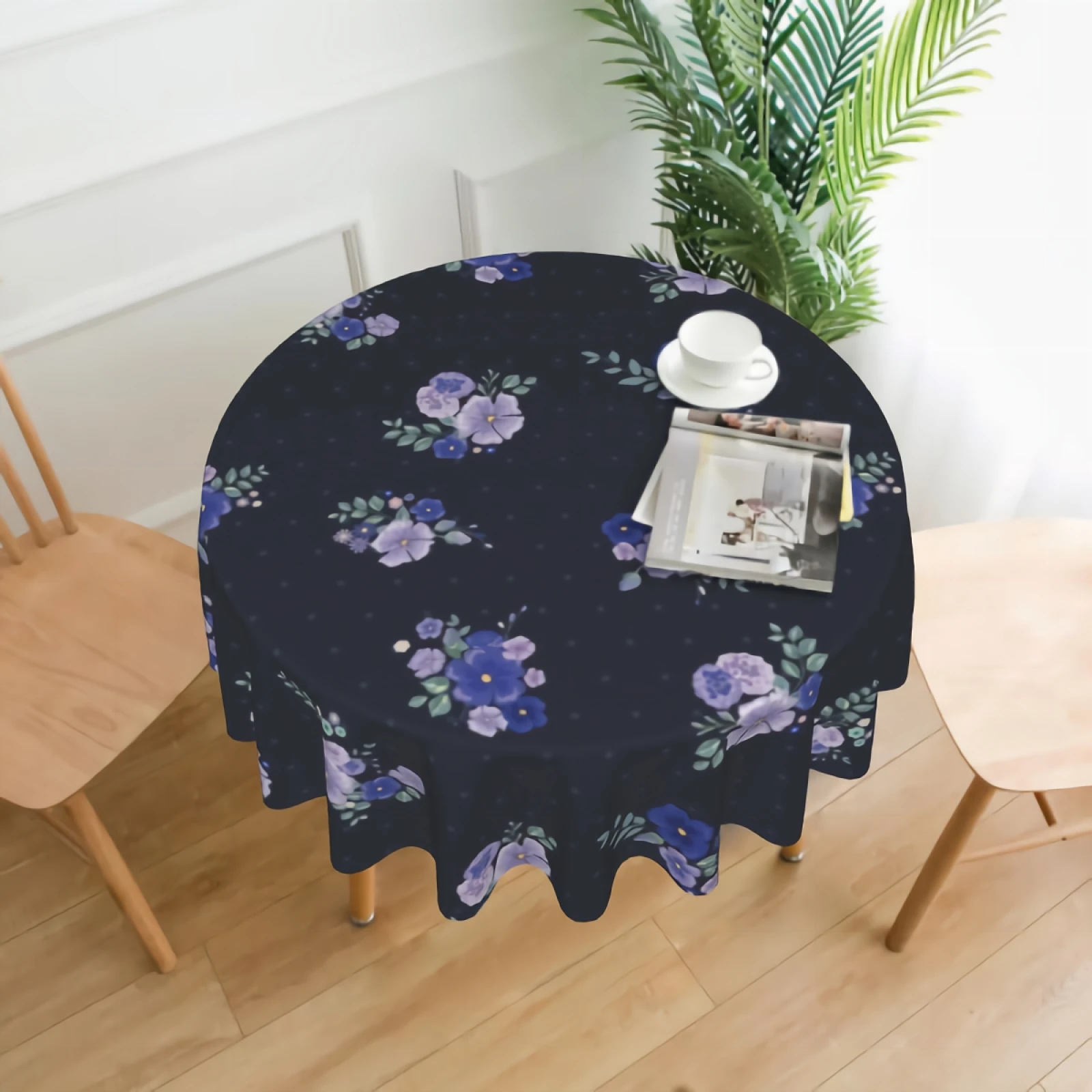 

Blue Flower Round Tablecloth 60 Inch Stain Resistant Spillproof Polyester Fabric Table Cloth for Picnic Kitchen