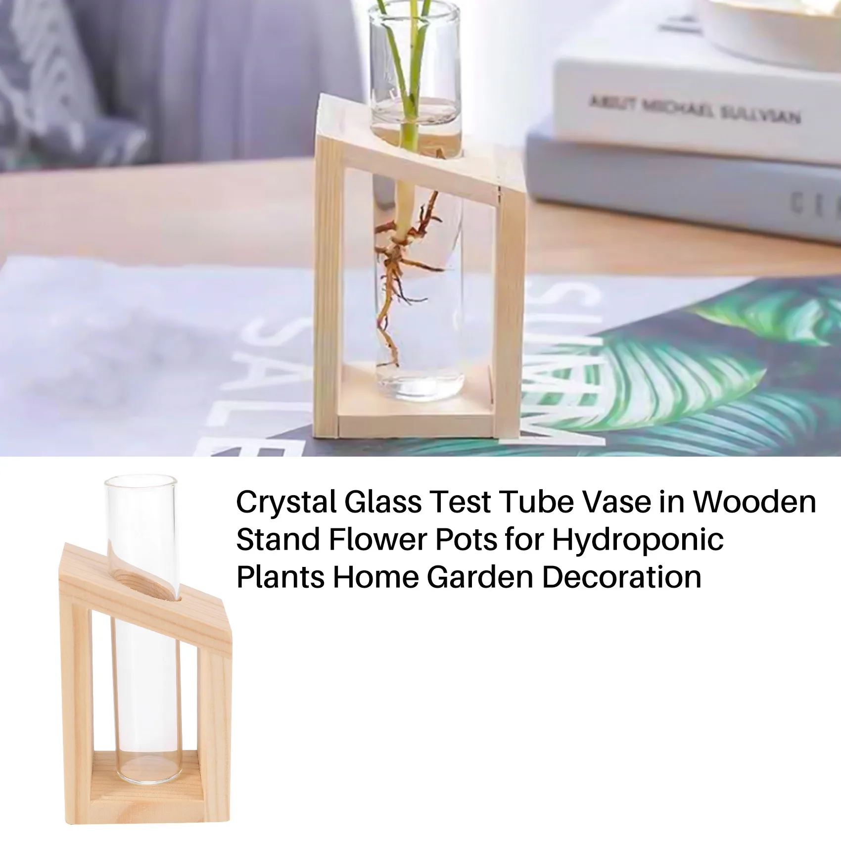 

Crystal Glass Test Tube Vase in Wooden Stand Flower Pots for Hydroponic Plants Home Garden Decoration