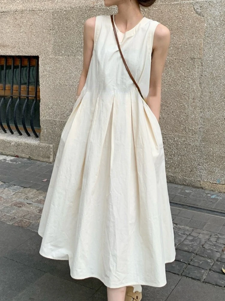 

2023 Spring Solid Elegant Sundresses French Y2k Dress Korean Fashion O-Neck Midi Dress Office Women Casual Dress with Pockets