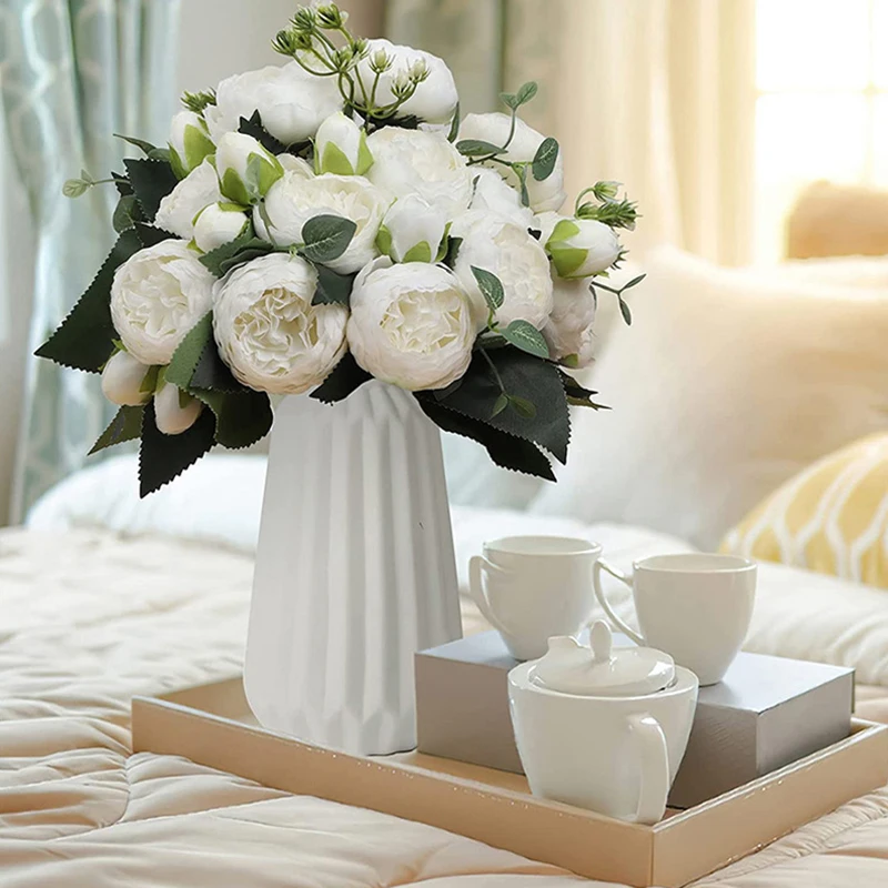 Artificial Flowers Rose White Peony Bouquet 5 Big Head and 4 Bud Cheap Fake Flowers for Home Wedding Decoration Indoor Vases