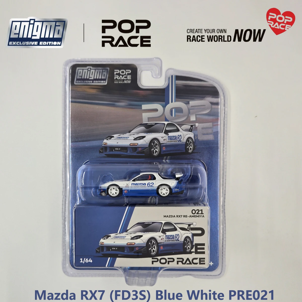 Фото Блистерная упаковка Pop Race PRE021 1:64 Mazda RX7 FD3S RE-Amemiya # 62 эксклюзивных коллекционных моделей автомобилей Enigma в сине-белом цвете, из сплава, JDM №2