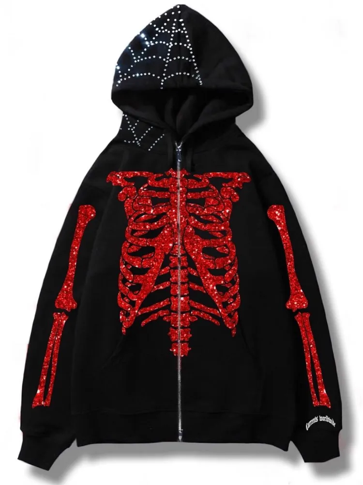 

Gothic Skull Rhinestone Spider Web Print Zip Hoodie Oversize Women Sweatshirt Autumn Punk Grunge Vintage Couple Y2k Clothes