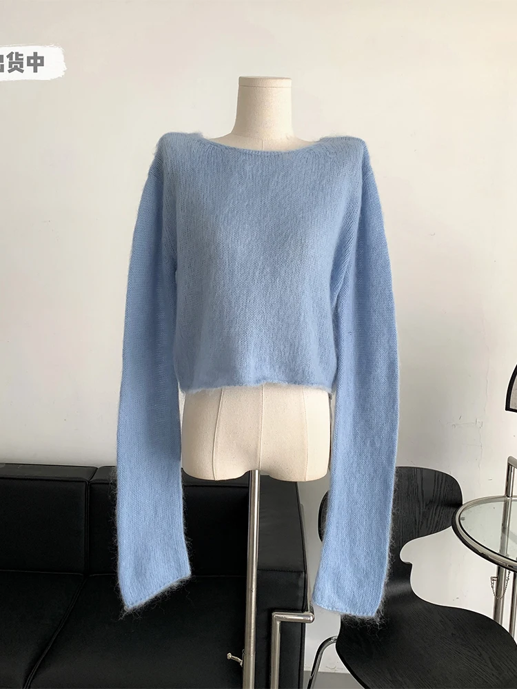 

Женский вязаный пуловер с круглым вырезом, синий мешковатый джемпер с длинным рукавом, удобная мягкая плюшевая эластичная теплая повседнев...