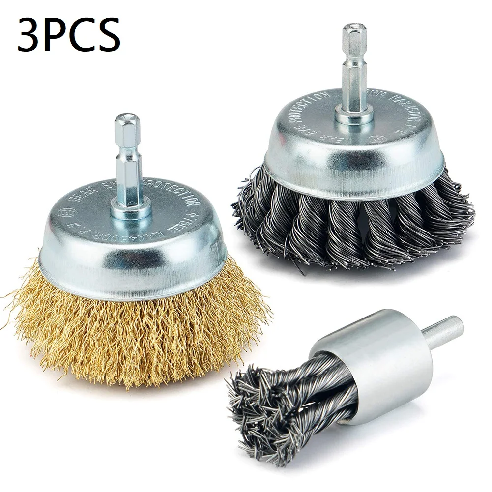 

3Pcs/set Wire Cup Brushes End Brush Set Wire Brush For Drill 1/4 Inch Hex Shank Polishing Wire Brush Drill Rotary Grinding Tools