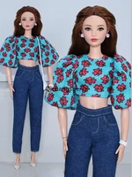 floral puff sleeve shirt crop top jeans pants 16 doll outfits for barbie clothes set 11 5 dolls accessories clothing kids toys