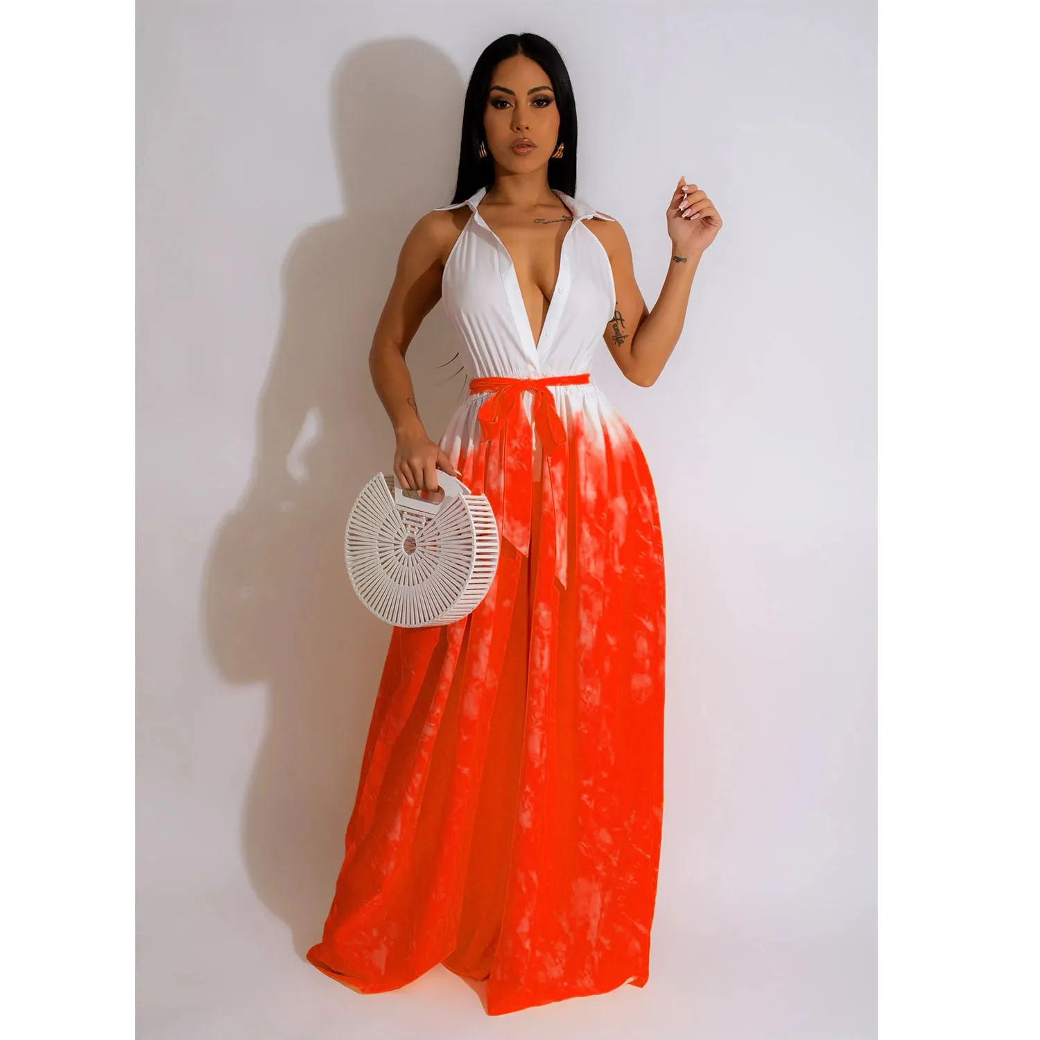 

DUTRIEUX Changing Color Loose Women Long Dress Deep V Neck Turn Down Collar Sleeveless Lace Up Vestidos Elegant Streetwear Robes